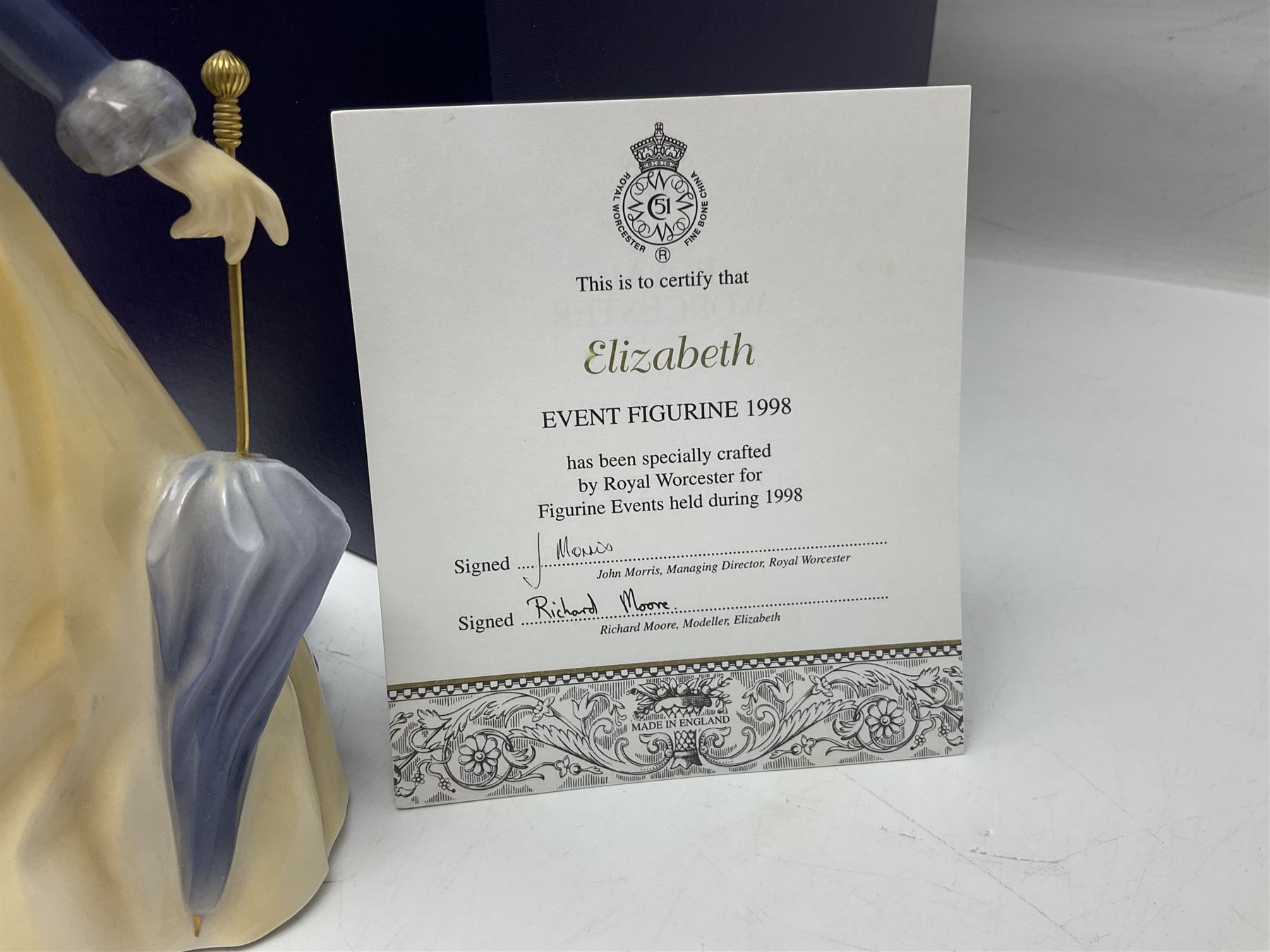Three Royal Worcester figures, comprising Glyndebourne, with original box, Royal Worcester Special Even 1998 Elizabeth, with certificate and original box, and In Celebration of the Queens 80th Birthday 2006 