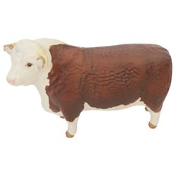 Five Beswick figures, Jersey family group; Bull Ch. Dunsley Coy Boy, model 1422, Cow Ch. Newton Tinkle, model 1345 and Calf, Hereford Bull and Fox 
