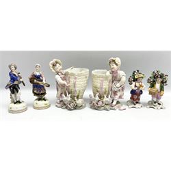 Group of continental figures to include pair of gentleman and lady music players, with blue R 1762 mark to base,  pair of gentleman and lady with birds, and pair of vases, largest H15cm