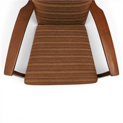 Parker Knoll - 'PK 988' open armchair, with teak frame, upholstered in a striped fabric, raised on tapering supports, the loose seat cushion supported on elasticated webbing 