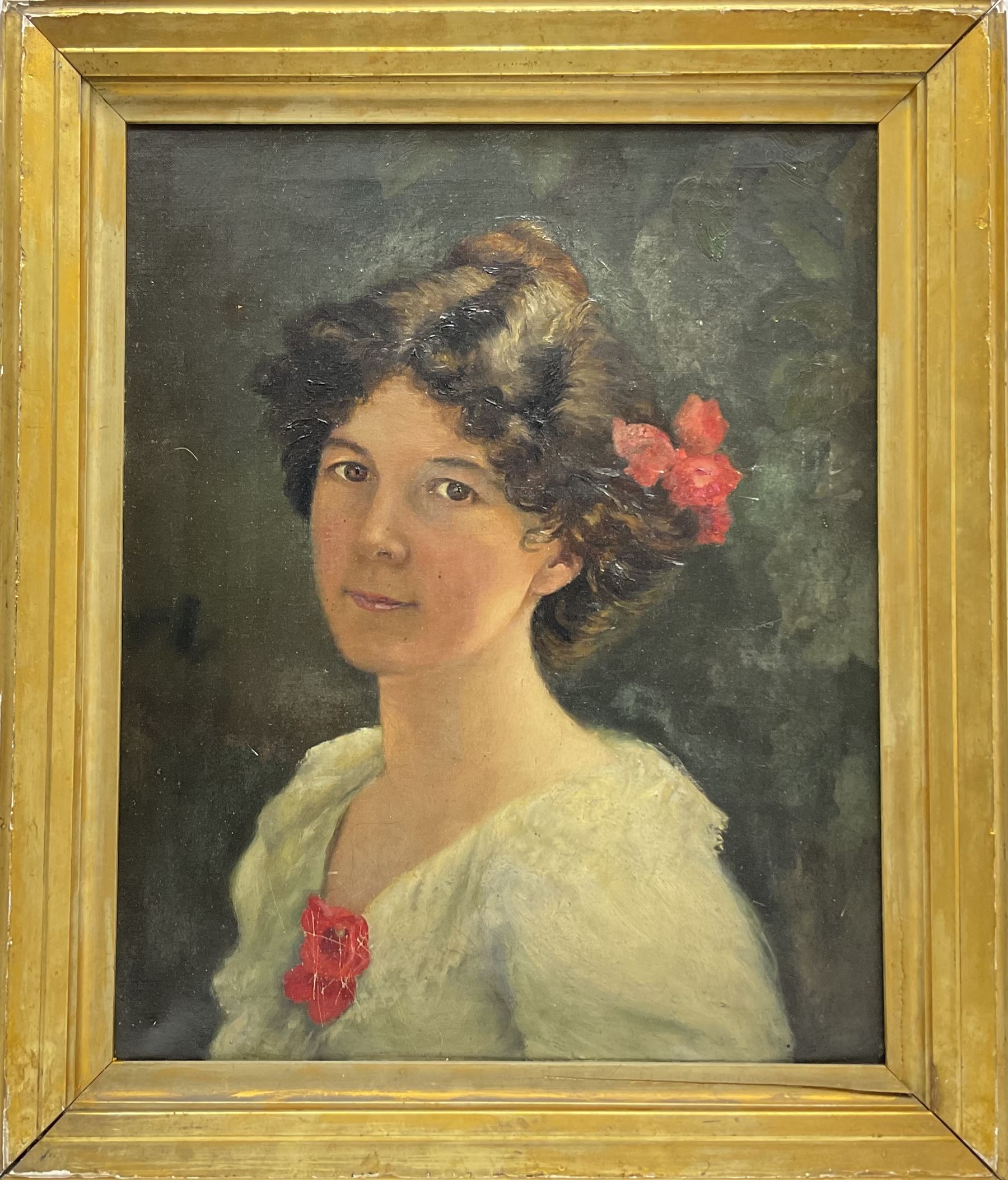 Annie Horrocks (British exh.1898-1903): Portrait of a Young Woman with Flowers in Her Hair, oil on canvas signed and dated 1903, 52cm x 42cm