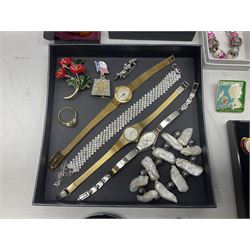 Silver-gilt drip design Lucy Q necklace, designed by Lucy Quartermaine, amber necklaces, silver-gilt stone set heart pendant, 10ct gold single stone set stud earrings, silver interchangeable pearl hoop earrings and a collection of costume jewellery and wristwatches 