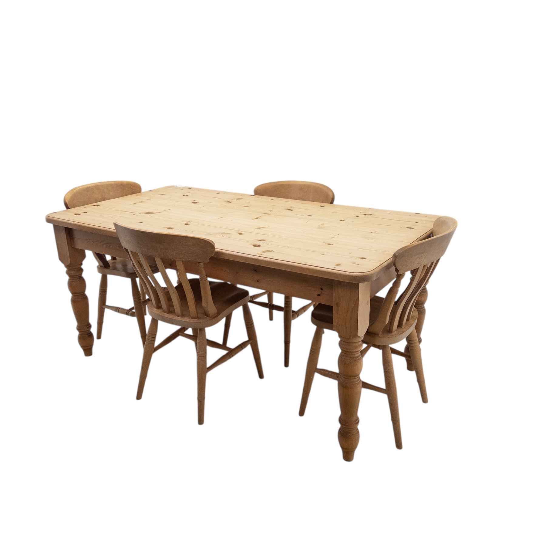 20th-century stripped pine dining table with four beech farmhouse kitchen chairs came, rectangular top with moulded edge and rounded corners, raised on four turned legs, chairs with curved back and turned supports with solid shaped seat raised on turned legs united by stretchers, W37xD39xH84cm