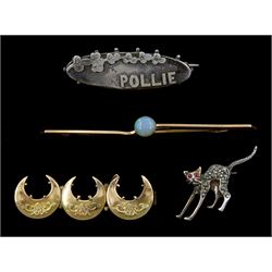 Early 20th century 9ct rose gold single stone opal brooch, Chester 1921, silver 'Pollie' brooch, silver marcasite cat brooch and one other 9ct gold crescent moon brooch