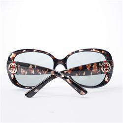 Gucci - pair of oversized sunglasses, with graduated mirrored lenses in tortoiseshell-effect frame, the arms with signature web stripe and interlocking gold-tone GG logo, unused with original monogram leather case 