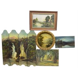 Miniature folding four door screen painted with a waterfall landscape (a/f), two 19th century landscape oils on canvas, a similar oil on panel, and an Elwin Edwards lithograph (5)