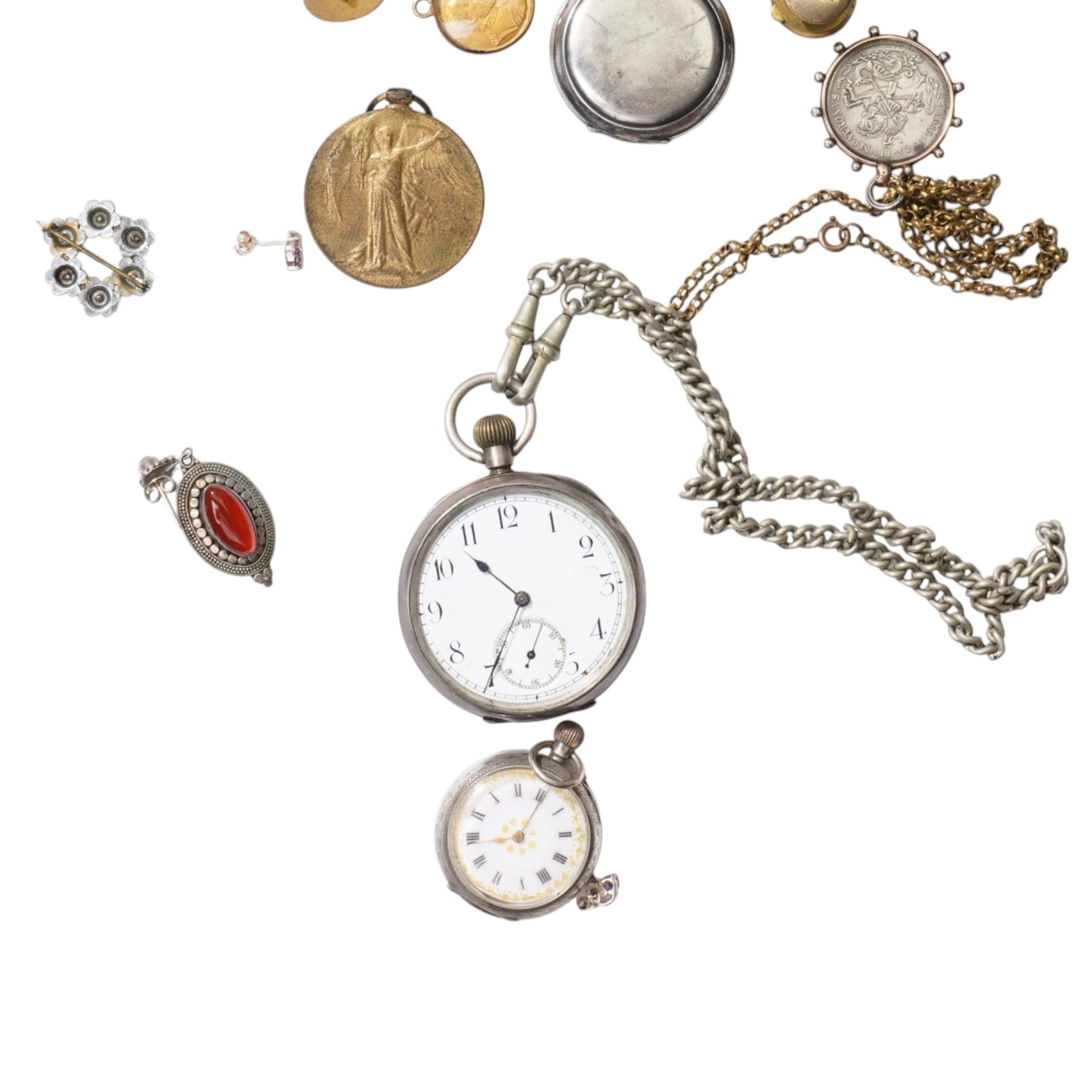 Victorian dress stud with horseshoe motif, two silver pocket watches, silver-plated pocket compass, silver pendant earrings, St George and the Dragon silver coin, mounted as a pendant, silver paste set bracelet, WW1 Victory medal awarded to PTE N Fisher, R Scots, costume jewellery etc 