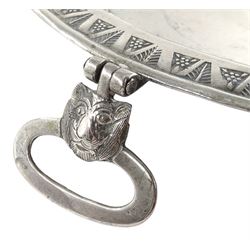 Middle Eastern silver dish with lion handles and stylized foliate decoration around the border, approx 22.3oz