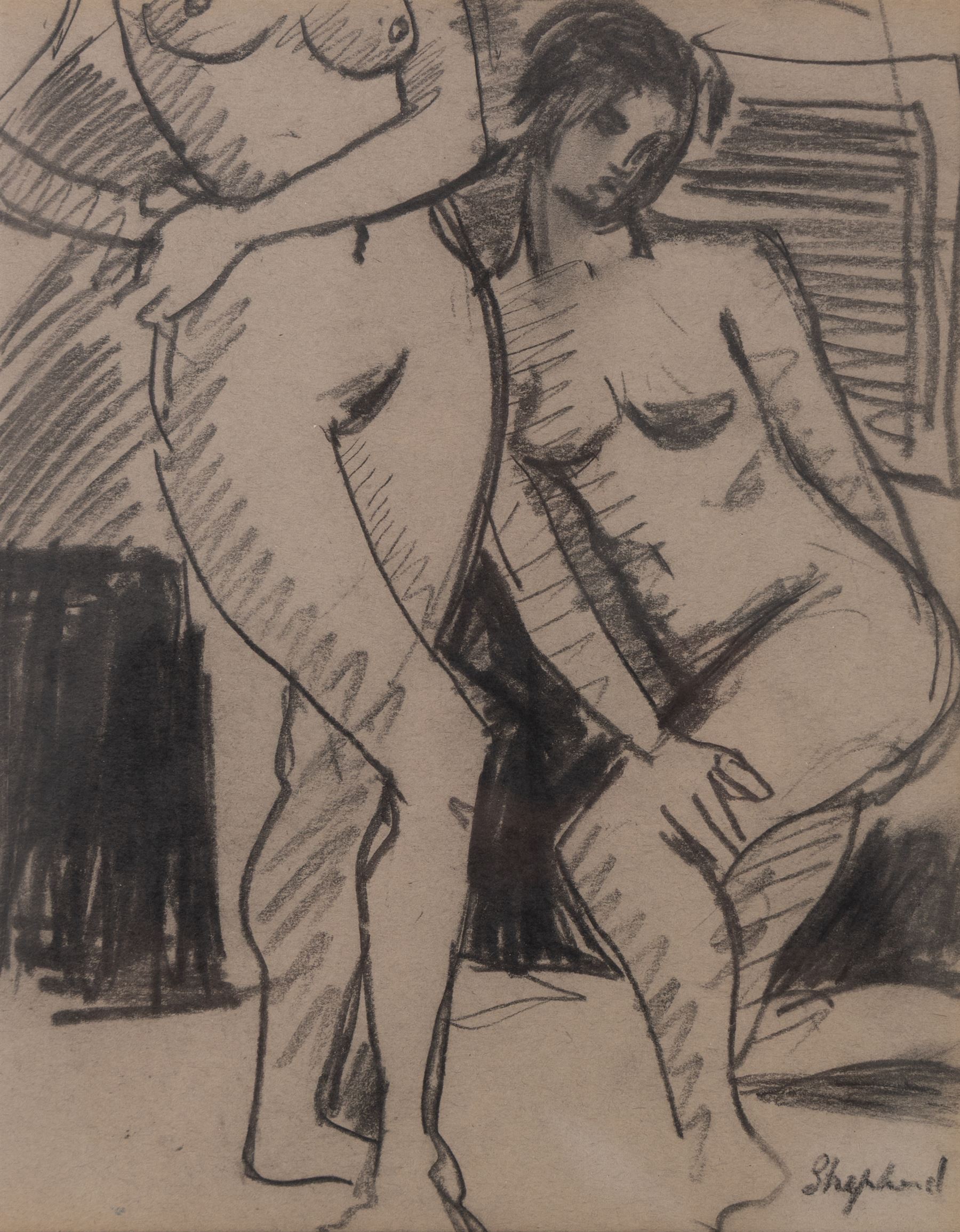 Sidney Horne Shepherd (British 1909-1993): Life Drawing, graphite on paper signed 30cm x 24cm; Maurice Feild (British 1905-1988): The Artist in the Studio, mixed media unsigned 16.5cm x 21cm (2)