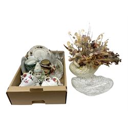 Large Swan pottery vase with a bouquet of dry flowers together with  oblong crystal bowl, Stuart crystal vase, Poole pottery cups and plate etc