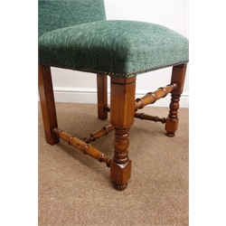  Set eight late 20th century Queen Anne style high back dining chairs, upholstered in a green fabric, turned supports, joined by stretcher  