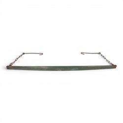 Green painted yoke with iron fittings and hooks, L118cm