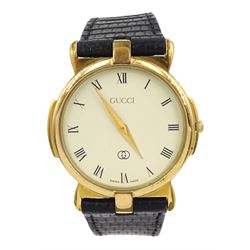 Gucci gentleman's gold-plated and stainless steel wristwatch, model No. 3400M, on original black leather strap, boxed