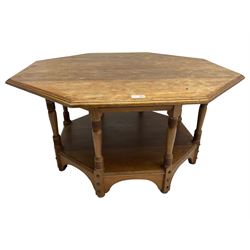Edwardian walnut occasional table, octagonal moulded top on a series of collar turned supports united by under-tier 