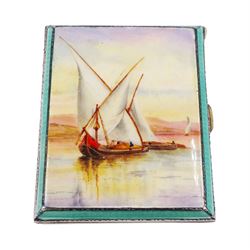 Art Deco silver and enamel cigarette case, depicting a sailing boat scene upon an engine turned opalescent ground, with green guilloche enamel border, opening to reveal a gilded interior with personal engraving, hallmarked Mappin & Webb Ltd, Birmingham 1932