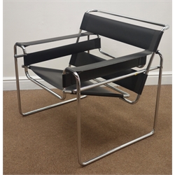  After Marcel Breuer - late 20th century 'Wassily' design armchair, polished tubular metal frame with black leather seat back and arms    