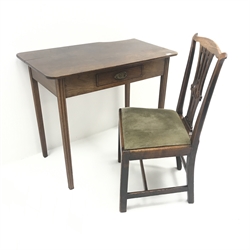 Georgian mahogany side table, single drawer, square reeded tapering supports (W90cm, H77cm, D53cm) and a Chippendale style dining chair (W52cm)