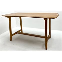Ercol elm rectangular dining table, square tapering supports joined by stretchers
