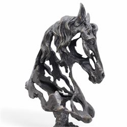 Bronze figure, modelled as a stylised horses head, upon a square marble plinth, signed and bearing foundry mark, overall H41cm