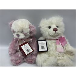 Seven Charlie Bears, comprising two limited edition examples, Parma Violet CB191963, designed by Isabelle Lee, limited to 3000, and Mary CB205250O, limited to 1000, plus Anniversary Carol CB151562, Olien CB171790, Dilly CB124946, Willamena CB202037A, and Kay CB191957B, each designed by Isabelle Lee, all with tags