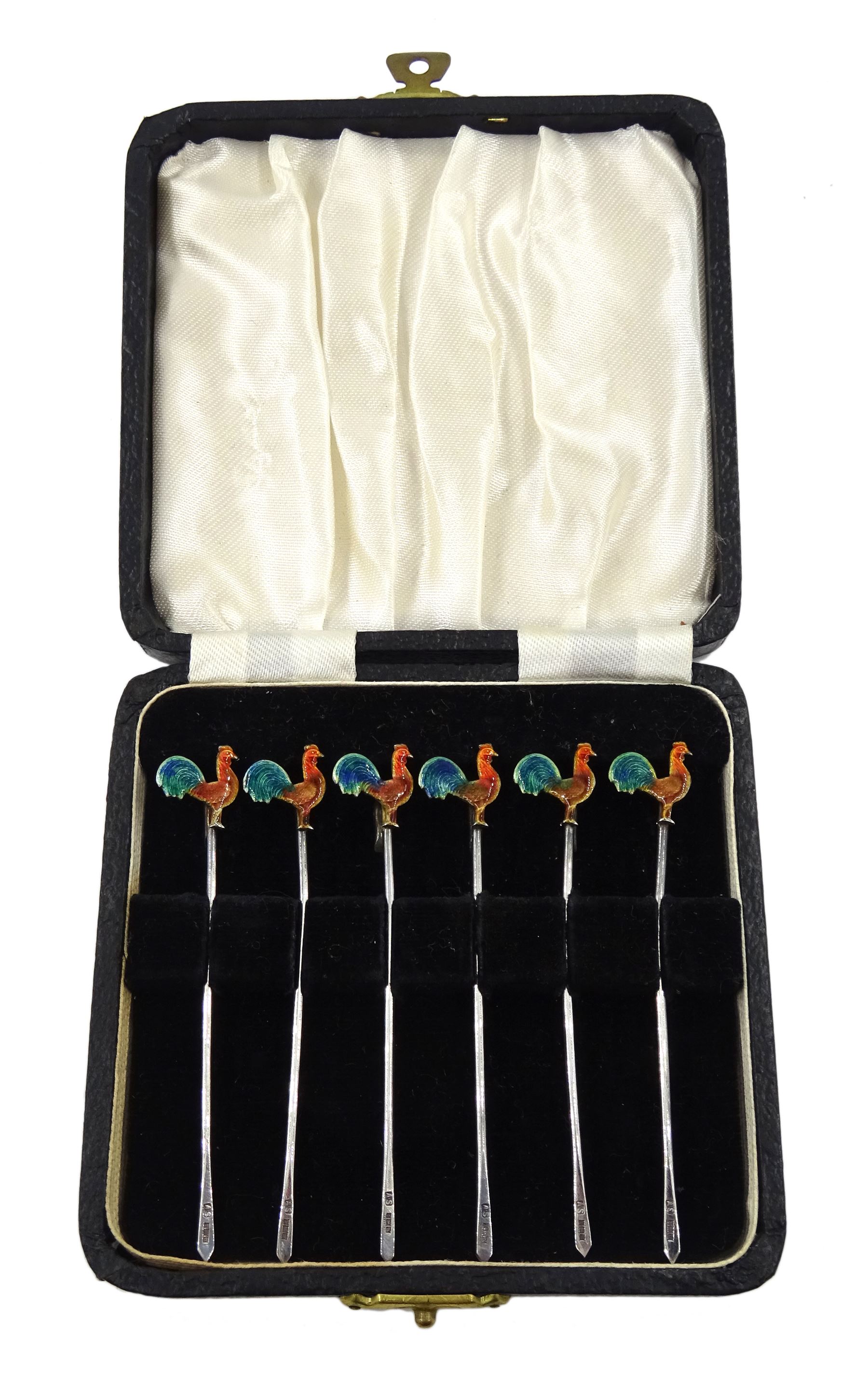 Set of six silver and enamel cockerel cocktail sticks by Adolph Scott, Birmingham 1953, cased
 
