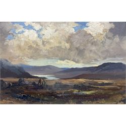 Gordon Clifford Barlow (British 1913-2005): 'Gathering Peat - Ben Hope' Scotland, oil on canvas board signed, titled on exhibition label verso 50cm x 75cm 
Provenance: exh. Royal Institute of Oil Painters, Mall Galleries, London 1977, label verso