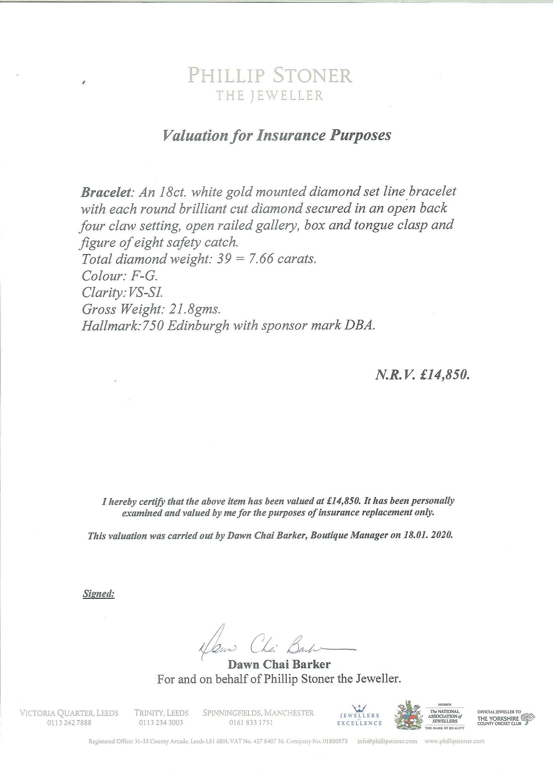 18ct white gold round brilliant cut diamond bracelet, Edinburgh hallmark, total diamond weight 7.66 carat, with document