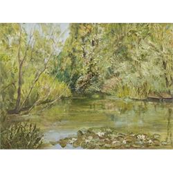 English School (20th century): 'The Green Pool Water Lillies', oil on canvas board, titled and indistinctly signed verso 29cm x 39cm