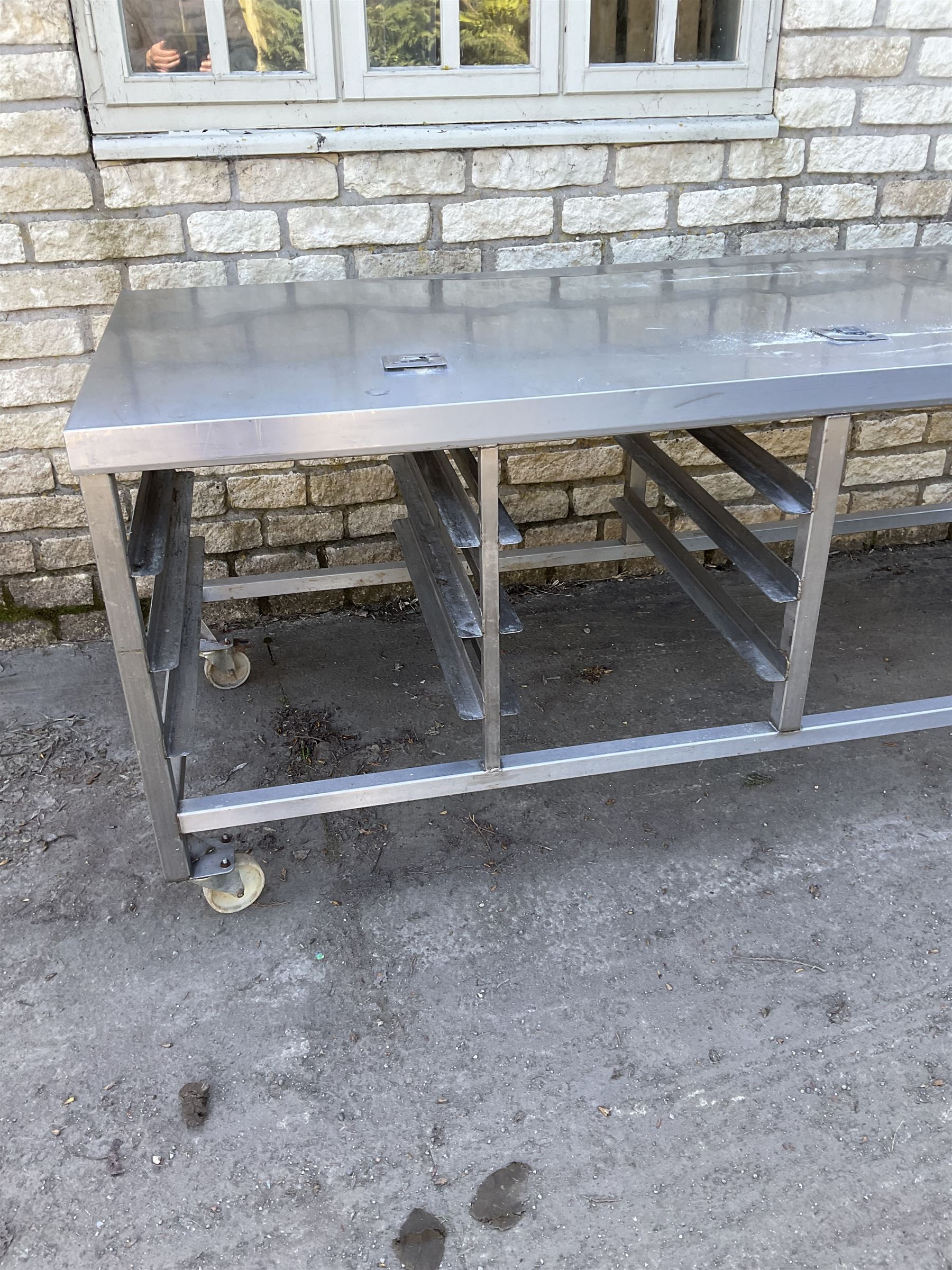 Large stainless steel preparation table trolley, with tray rack - THIS LOT IS TO BE COLLECTED BY APPOINTMENT FROM DUGGLEBY STORAGE, GREAT HILL, EASTFIELD, SCARBOROUGH, YO11 3TX