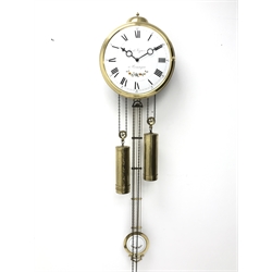  French Comptoise type wall clock, convex white dial signed Cent-Vignes de Beausejour, with two brass weights striking the half hours on a bell  