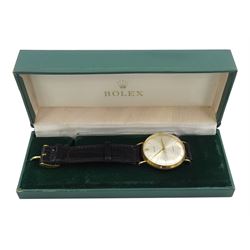 Rolex Precision gentleman's 9ct gold manual wind presentation wristwatch, 17 jewel movement, Cal 1225, silvered dial with baton hour markers, case No. 90150, London 1971, on original leather strap and gilt Rolex buckle, boxed with papers