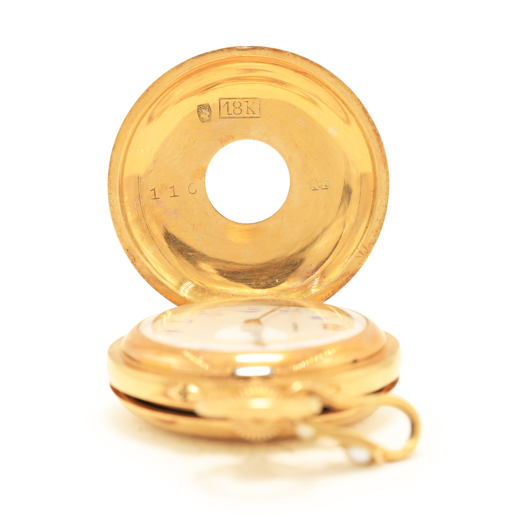 Early 20th century 18ct gold half hunter keyless lever fob watch by Asprey, white enamel dial with Arabic hour markers, the back case engraved with name stamped 18K with Helvetia hallmark, on 15ct gold pearl pendant