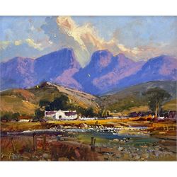 Gerrit Roon (South African 1937-2017): Mountainous Landscape, oil on board signed 24cm x 29cm