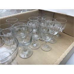Hand-blown green glass decanter, with ceramic gin decanter label, five other glass decanters including hand-blown and cut glass examples, six led crystal tumblers and other glassware including brandy glasses and jugs, in three boxes 