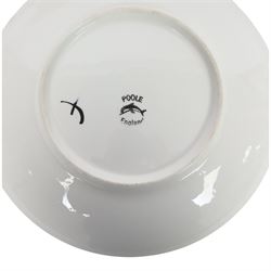 Poole pottery, Delphis Volcano pedestal dish, Delphis charges, in blues and black on a red ground, shape four and another plate, pedestal dish D23cm 