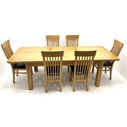 Oak extending dining table, curved stile supports (L250cm, W100cm, H78cm) and set of six upholstered dining chair (W46cm)