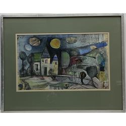 Modern British (Mid 20th century): House in Landscape, watercolour mixed media unsigned 26cm x 43cm