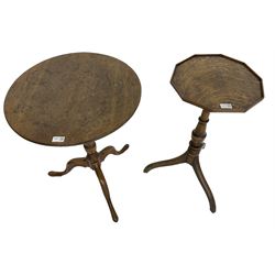 Early 19th century elm and oak tripod table, decagon oak top with raised edge, on turned column with three splayed supports (H74cm); and an early 19th century elm and oak tripod table, circular oak tilt top on turned column with three splayed supports (H70cm) 