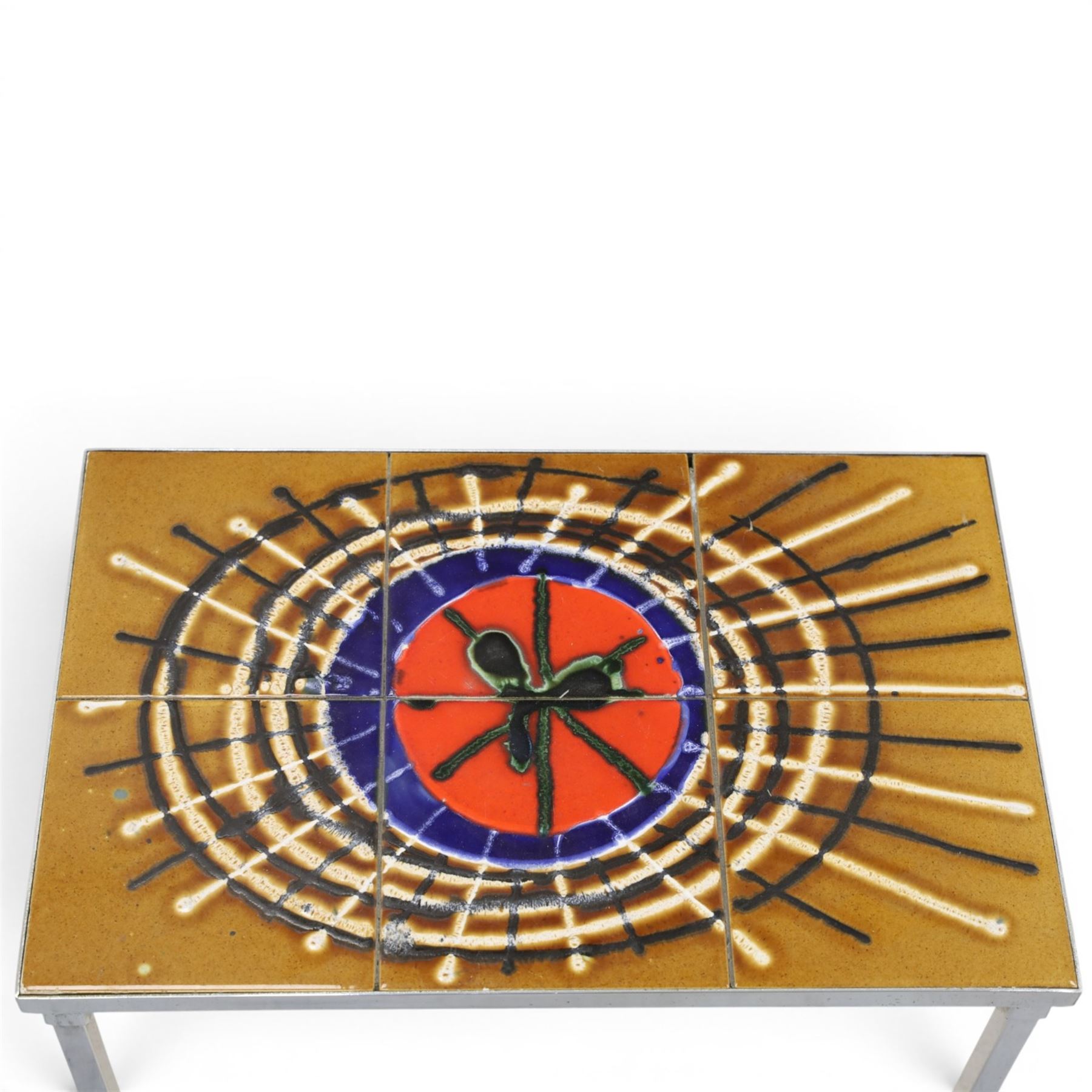Juliette Belarti for Adri - 1960s-70s nest of three brutalist design tables, ceramic tiled tops, raised on a chrome frame 