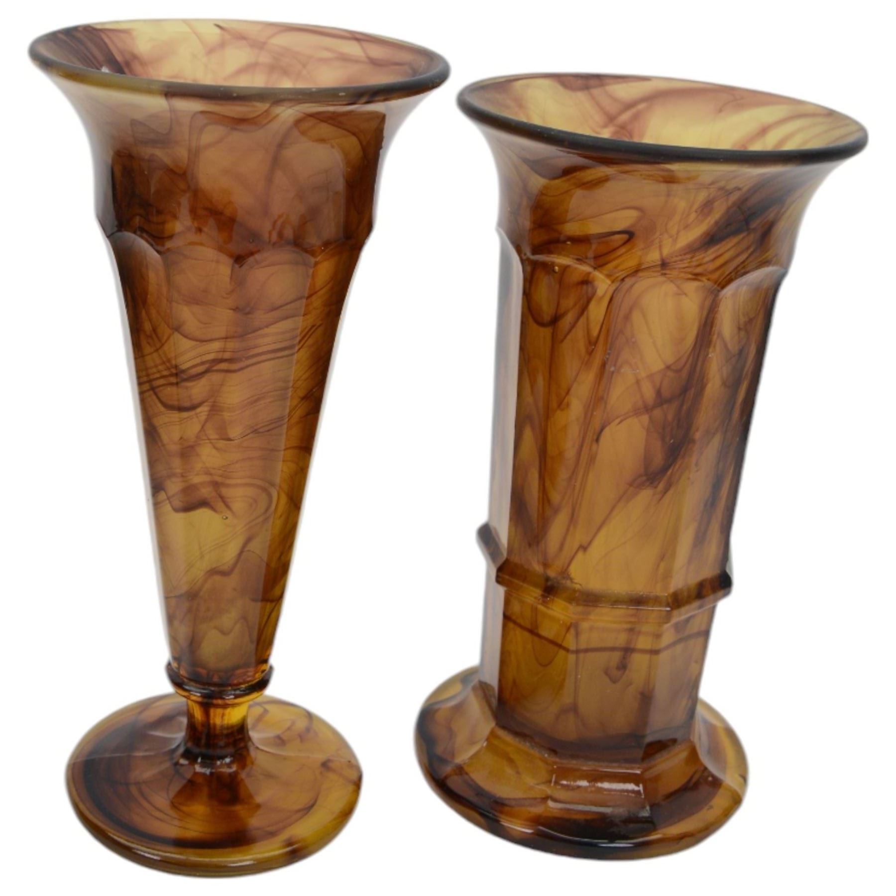 Collection of Davidson Amber Cloud glass, including vases, pedestal dish, flower frogs, together with other art deco glass 