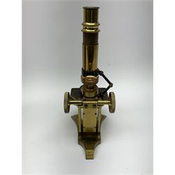 19th century lacquered brass monocular microscope by Moritz Pillischer No.1795 in fitted mahogany box with carrying handle and two additional lenses 