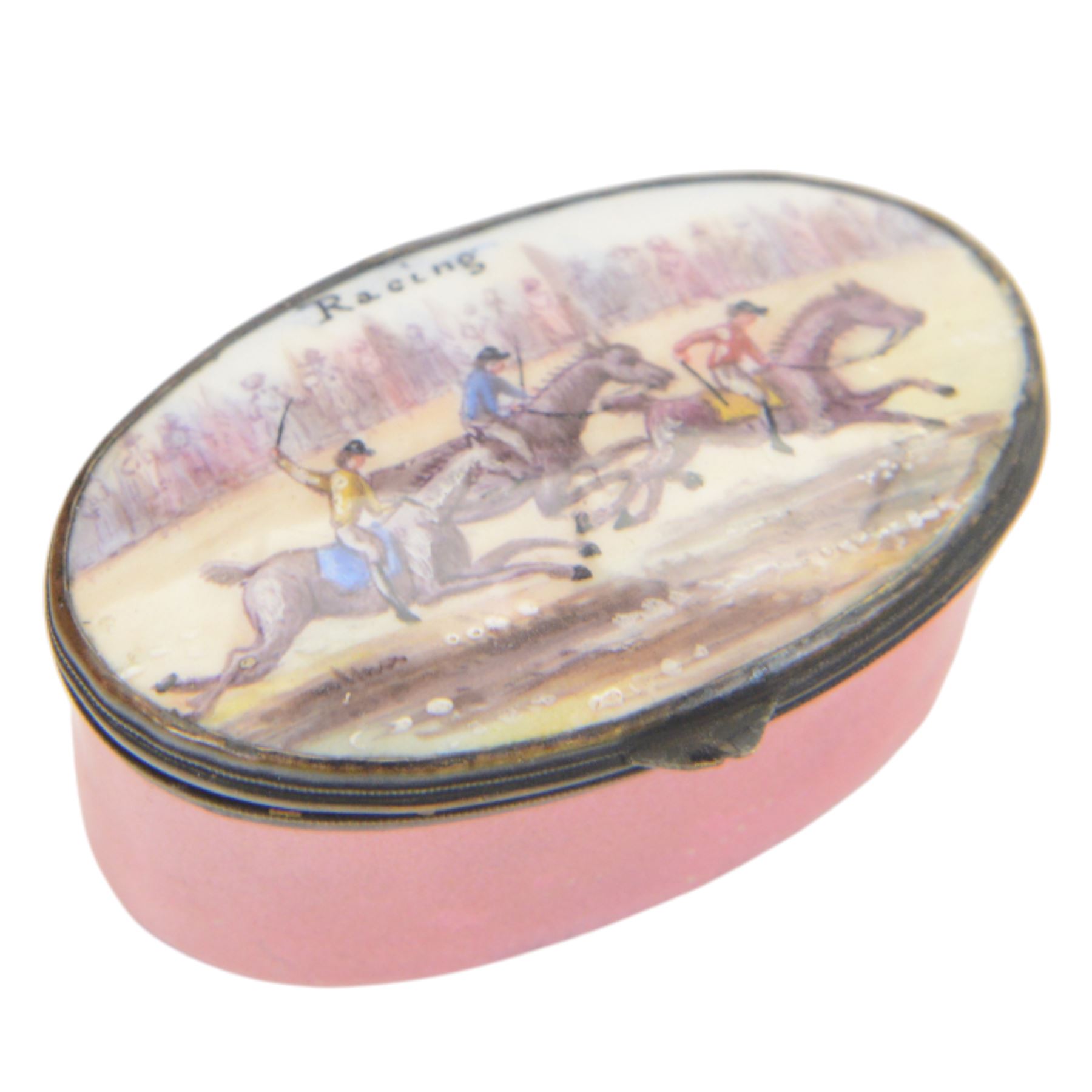 Late 18th century/early 19th century enamel snuff box, of oval form, the hinged cover decorated with a horse racing scene and detailed 'Racing', L5.5cm. 