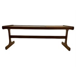 G-Plan rectangular teak coffee table with tiled inset and smoked glass top (121cm x 51cm, H45cm), and a teak nest of tables, the largest with tiled top and drawer