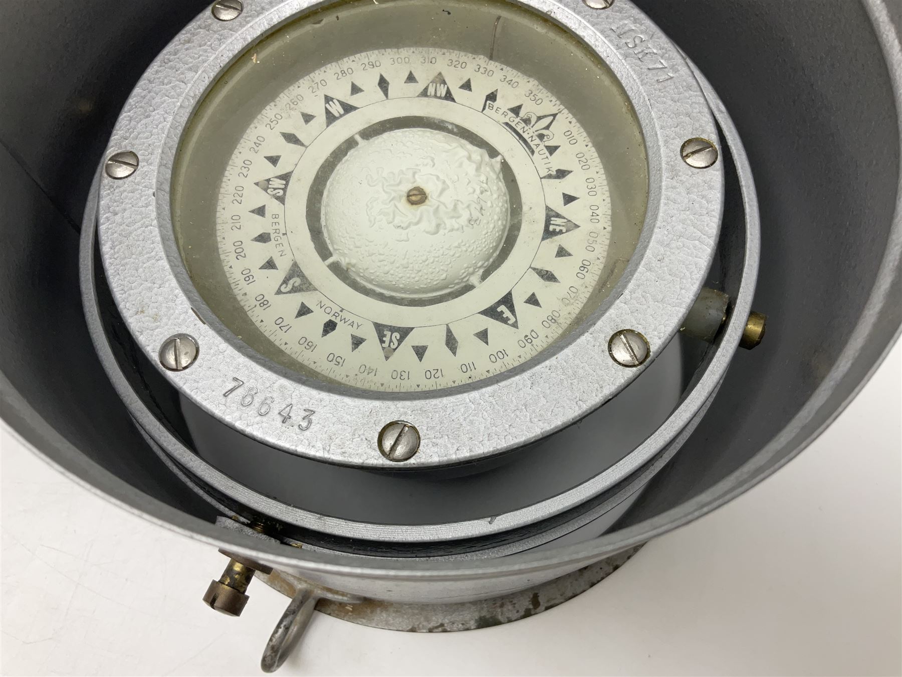 Ship's lifeboat gimble compass in binnacle, with plaque 'Bergen Nautik Instrumentfabrikk ..... Norway. Type BN25COL No.770559' 