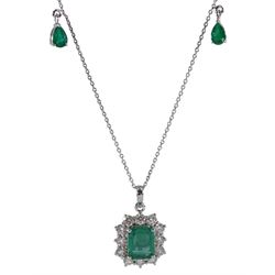 18ct white gold emerald and diamond pendant necklace, with two pear shaped emeralds suspended, emerald cut emerald approx 3.10 carat, stamped 18K 750