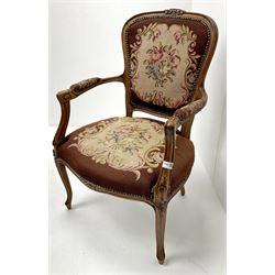 French walnut framed chair, scrolling arms, upholstered floral fabric, cabriole legs 