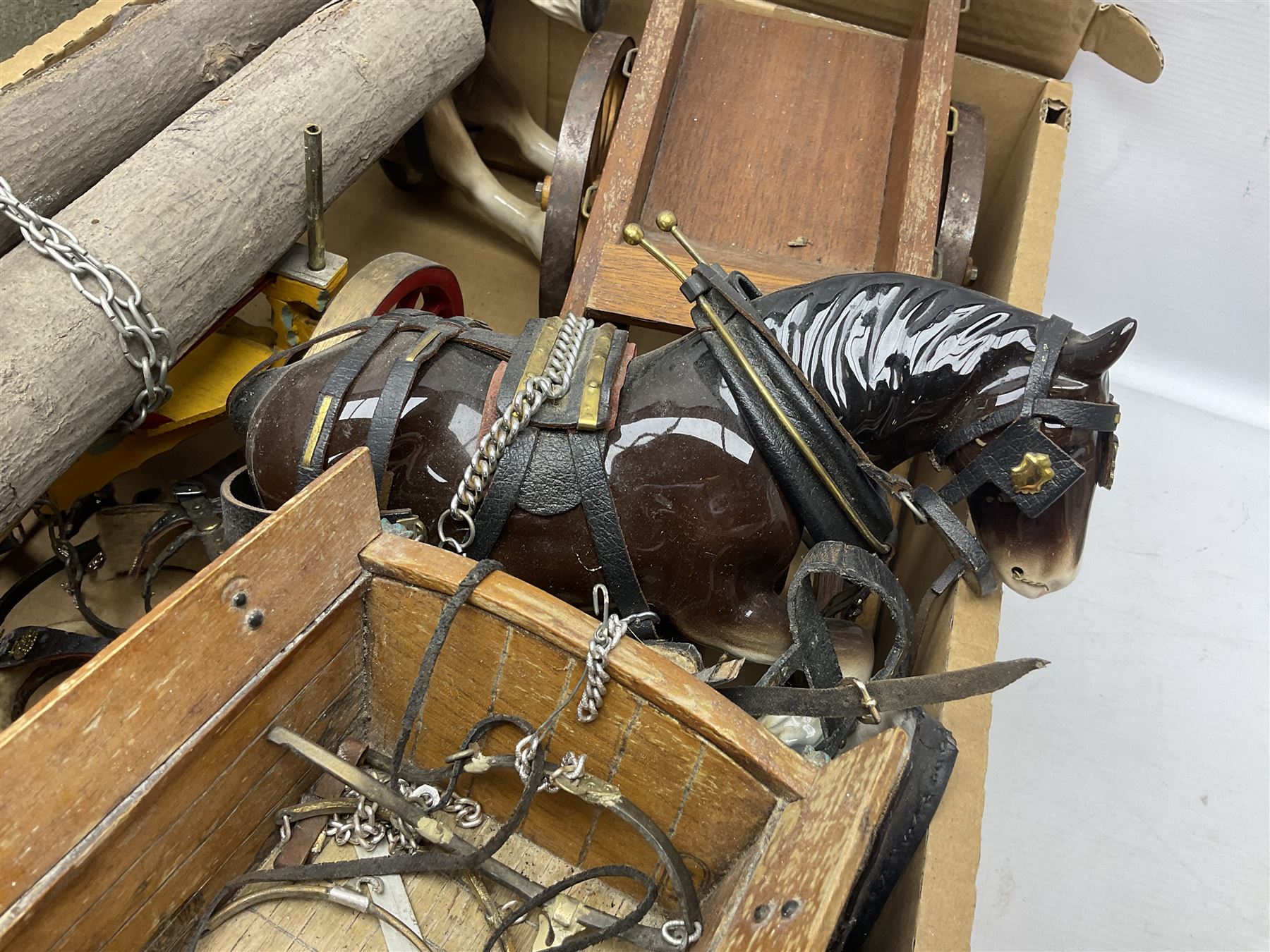 Melba Ware Shire horse figure and two similar, and four wood carts