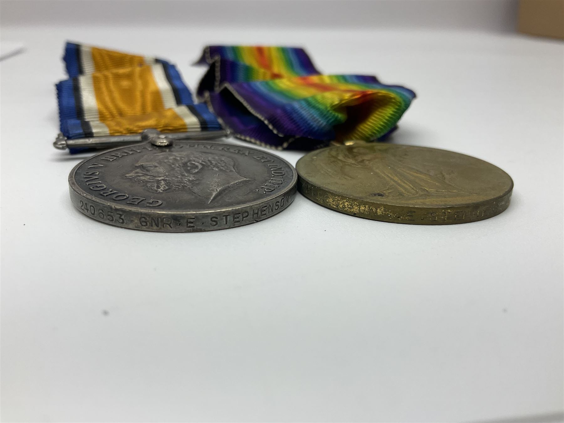 WW1 trio of medals comprising British War Medal, Victory Medal and 1914-15 Star awarded to S/4 091131 Pte. B.T. Day A.S.C.; and WW1 pair of medals comprising British War Medal and Victory Medal awarded to 240653 Gnr. E. Stephenson R.A.