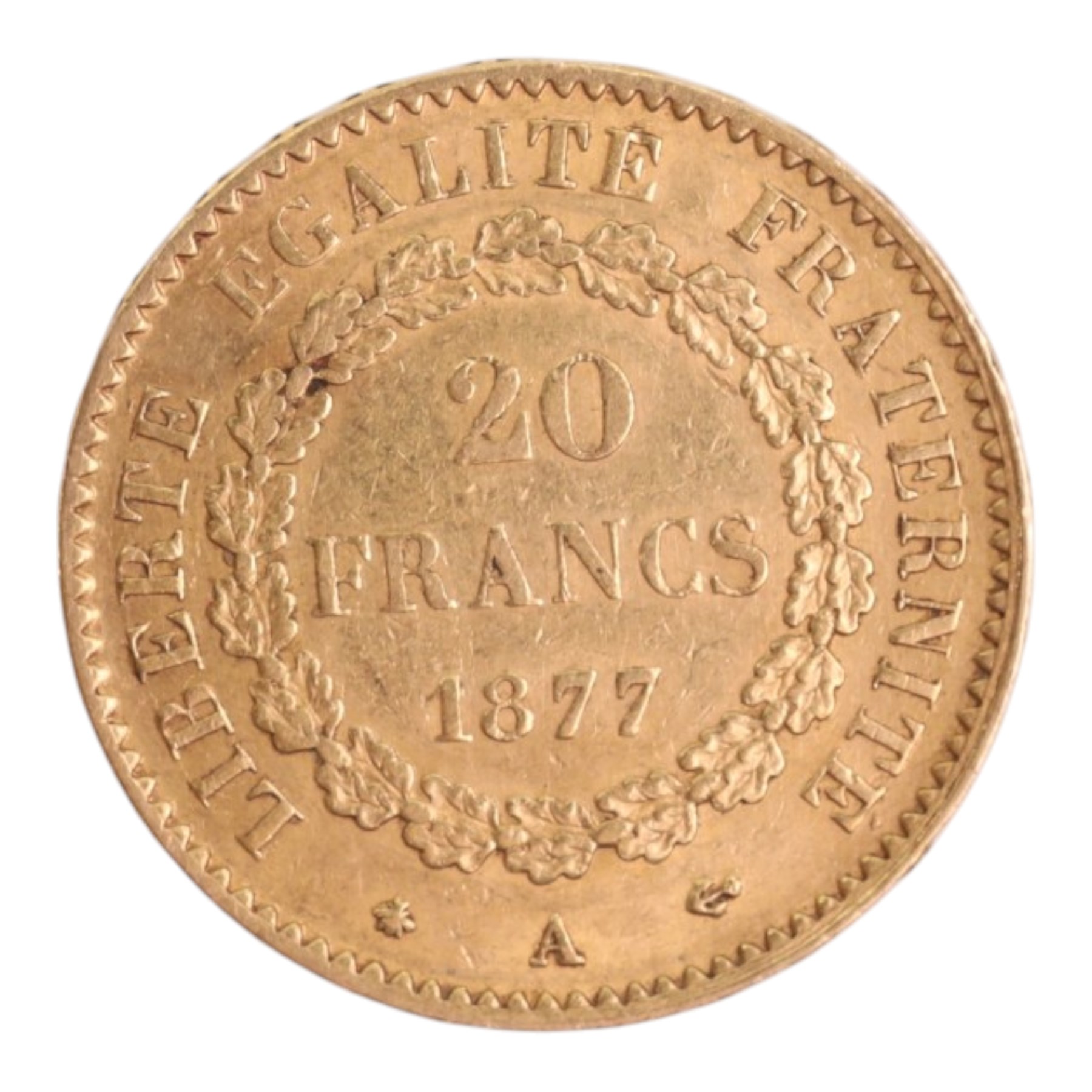 France 1877 gold twenty franc coin