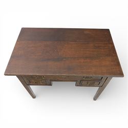 18th century oak lowboy, the rectangular top above an arrangement of three drawers with brass swan neck handles and shaped backplates, the drawers with fielded fronts, raised upon square tapering legs 